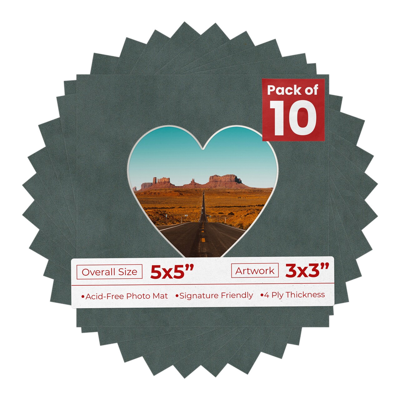 Dark Grey Suede Mat Board for 5x5 Inch Frames - Heart Opening for 3x3 Photos